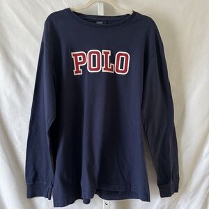 Polo Ralph Lauren Men’s Large Navy Blue Long Sleeve Red Logo Front Graphic T
